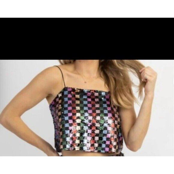 FORE NEW Celeste Checked Colorful Sequin Crop Top Size Large Women’s - Picture 9 of 9